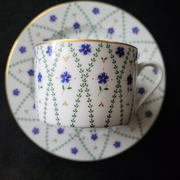 Philippe Deshoulieres Barbizon Flat Cup & Saucer Set With Blue Floral & Gold Acc - Picture 4 of 10